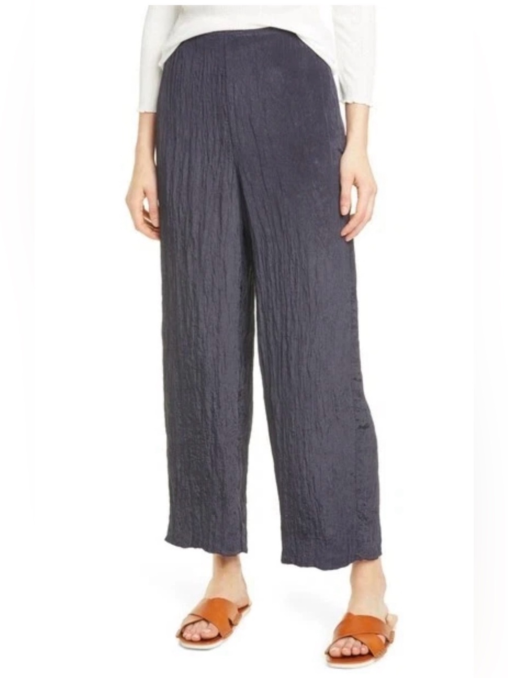Vince Midnight Navy Crinkled Satin Wide-Leg Pants Size XL Elastic Waist